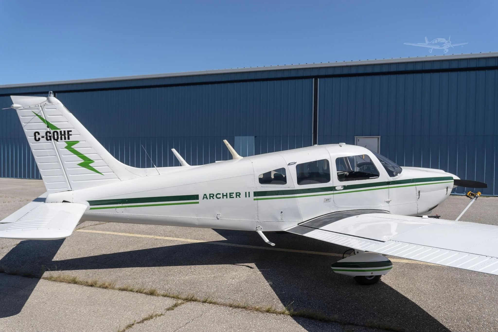 Exterior view of a 1977 PIPER ARCHER II, C-GQHF.