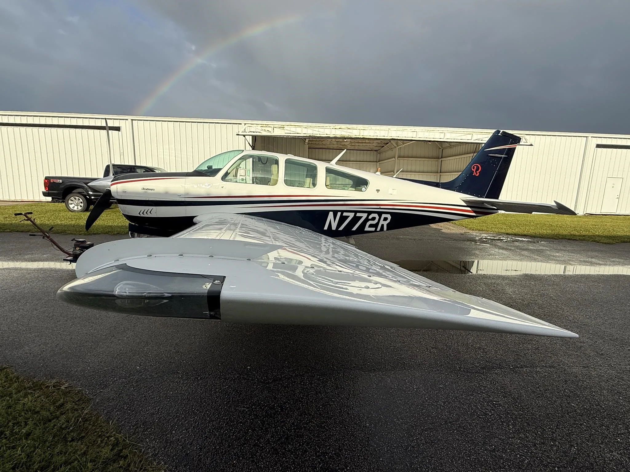 Exterior view of a 1980 BEECHCRAFT F33A BONANZA, N772R.