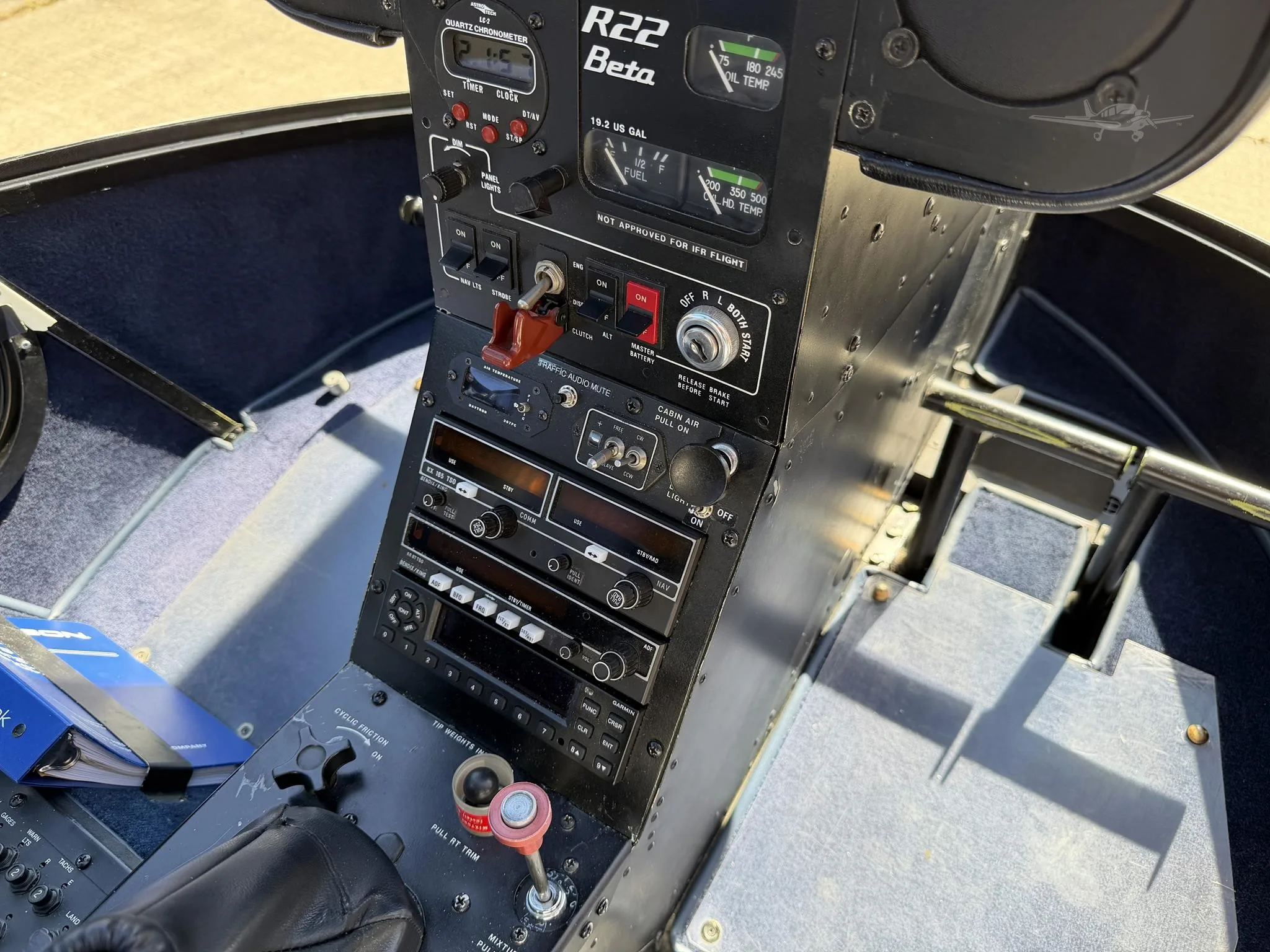 Cockpit and instrument panel of a 1989 ROBINSON R22 BETA.